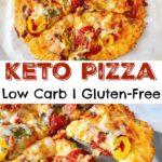 A whole Keto Pizza, text "Keto Pizza Low Carb Gluten-Free", a slice of Keto Pizza.