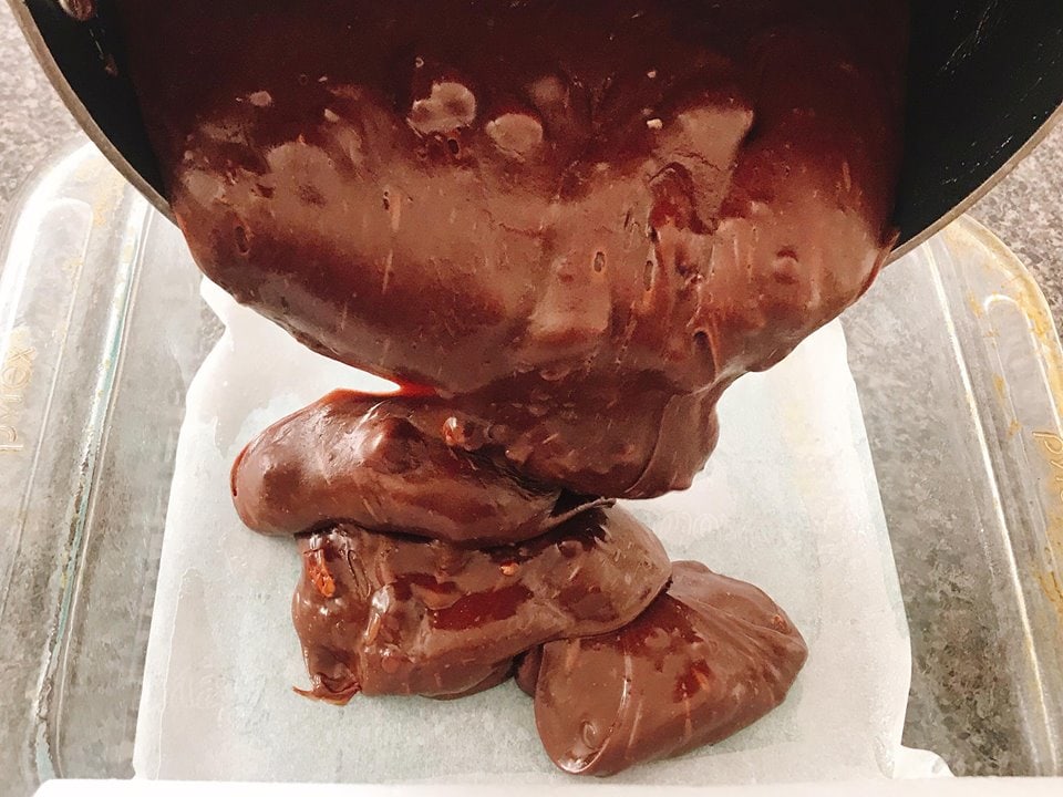 Easy Homemade Fudge Recipe being poured into baking dish.