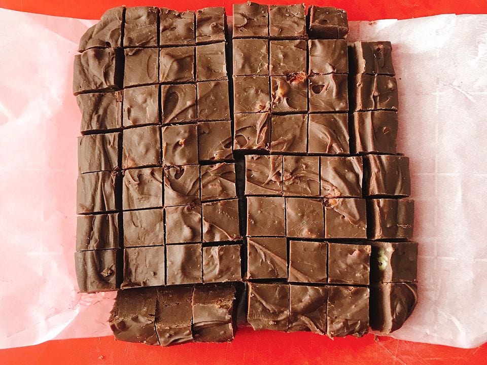 A block of fudge cut into squares.