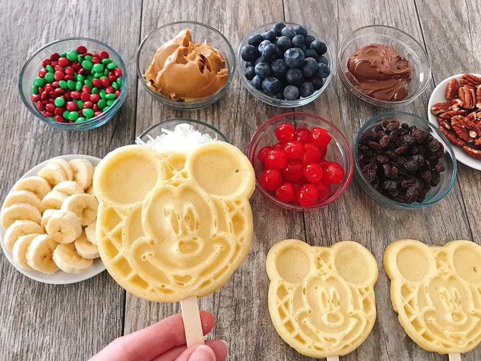 Waffle bar toppings and Mickey Waffles to make a Mickey Mouse Waffle Bar