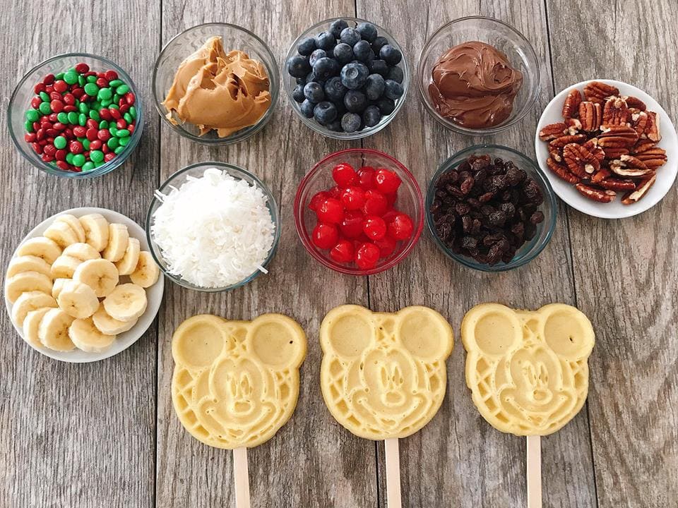 Waffle bar toppings and Mickey  Waffles to make a Mickey Mouse Waffle Bar