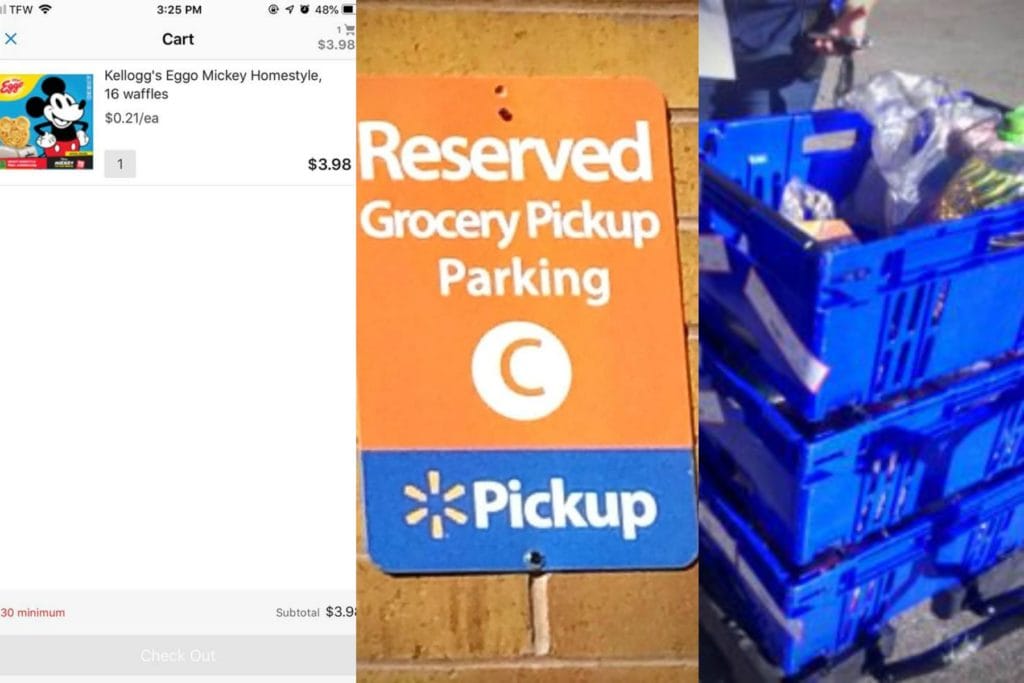 Three picture collage. First picture is a screenshot of Eggo Mickey Homestyle Waffles, 16 ct. in the cart of the Walmart grocery app, Second a picture of the Walmart Grocery Pickup Sign, Third blue crates filled with groceries.