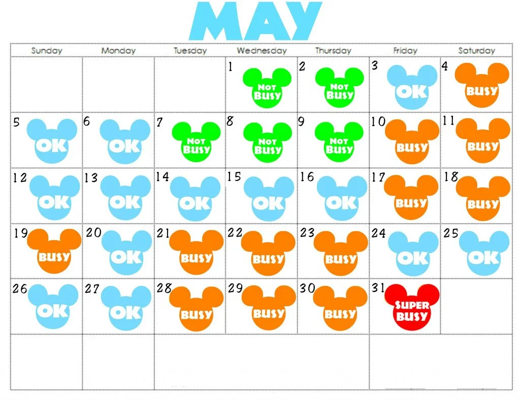 A calendar for May 2019 with colorful Mickey Mouse heads indicating how crowded Disneyland will be each day.