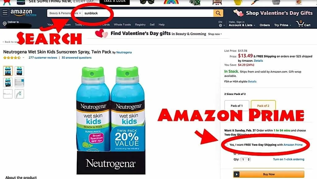 Screenshot of sunblock spray on Amazon.com