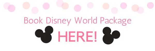 Pink polka dot banner with text "Book Disney World Package Here!"