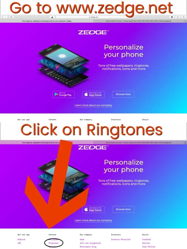 A screenshot of www.zedge.net that with the words "Go to www.zedge.net" and "Click on Ringtones" with a big red arrow.