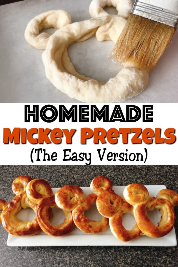 A pastry brush on a Mickey Pretzel, text "Homemade Mickey Pretzels (The Easy Version)", a row of Mickey Pretzels on a plate.