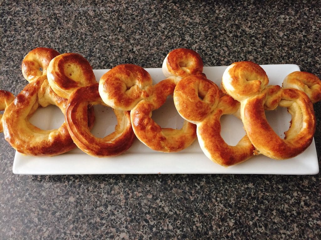 Homemade Mickey Pretzels on a white plate