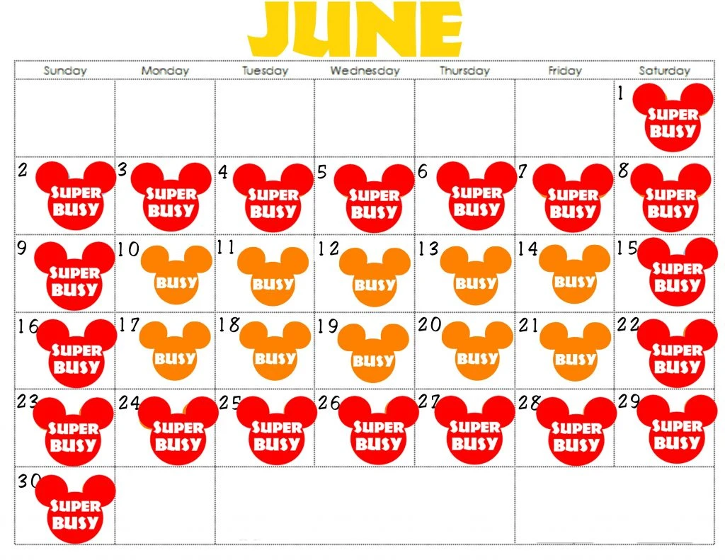 A calendar for June 2019 with colorful Mickey Mouse heads indicating how crowded Disneyland will be each day.