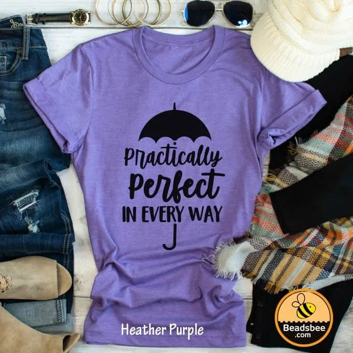 A purple shirt with an umbrella and text "Practically Perfect in Every Way" with other accessories.