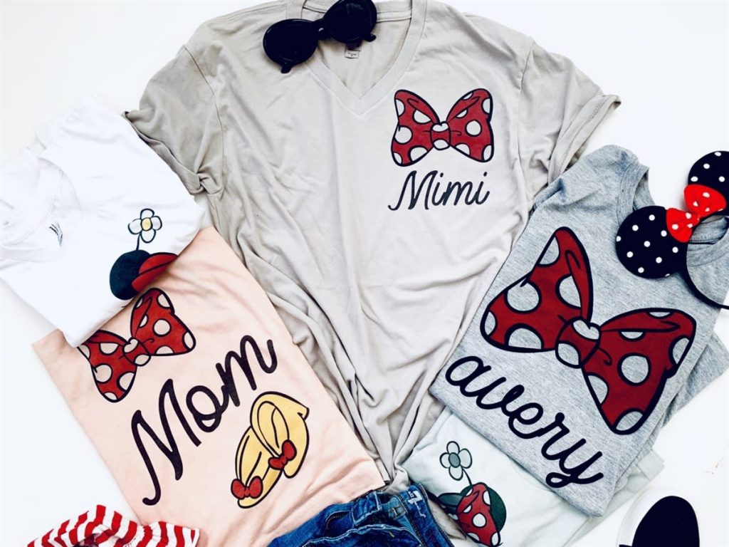 Personalize Disney Shirts with Minnie Mouse Bows and names: Mom, Mimi, and Avery.