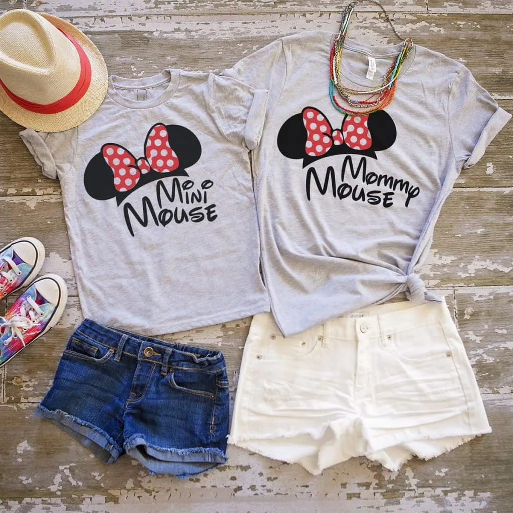 Cute mom and daughter Disney Shirts that say "Mini Mouse" and "Mommy Mouse"