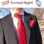 Text "Super Hero Suits Perfect for Disney Cruise Formal Night" a picture of a boy in a suit with a Spider-Man tie and pocket square.