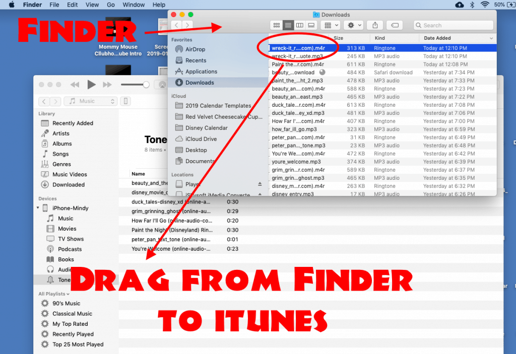 A screenshot of how to drag a Free Disney Ringtone file from Finder to iTunes.