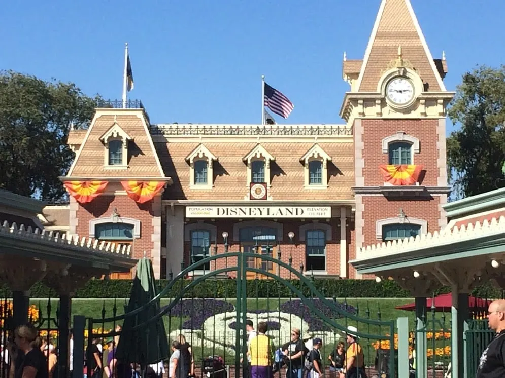 The entrance gate and train station at Disneyland.
