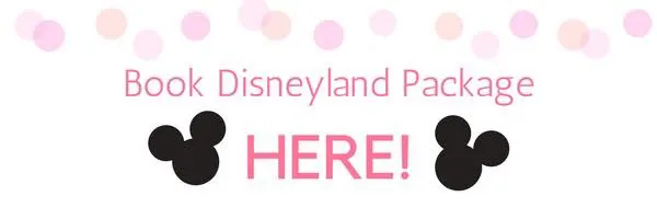 A banner with pink polka dots, black Mickey Mouse heads, and text "Book Disneyland Package Here!"