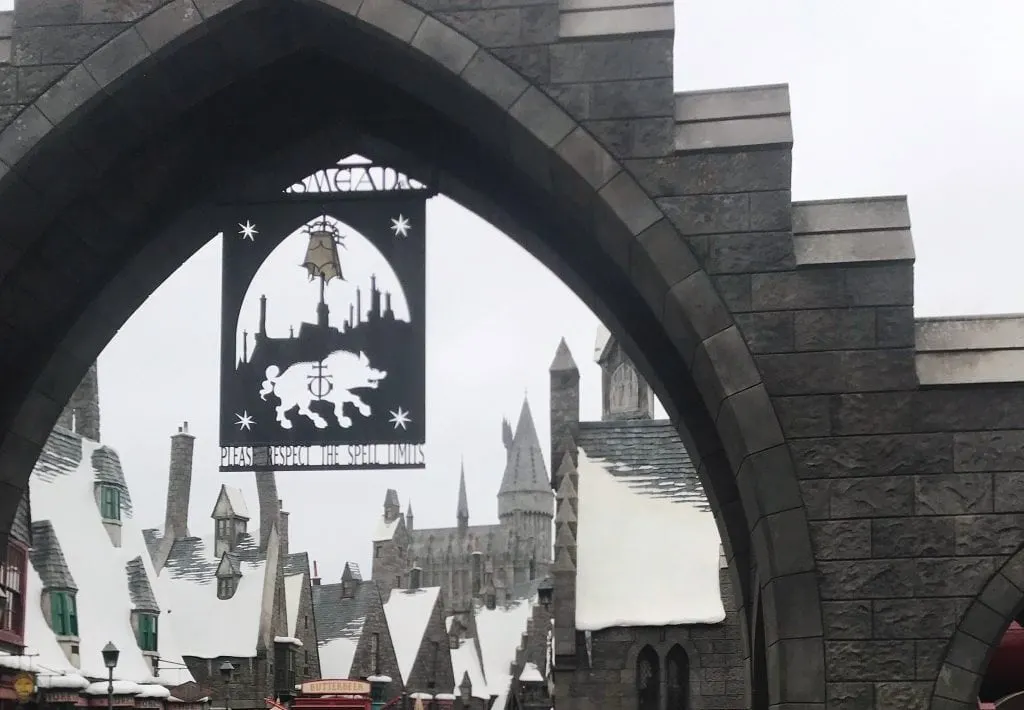 The archway to the Wizarding World of Harry Potter at Universal Studios Hollywood.
