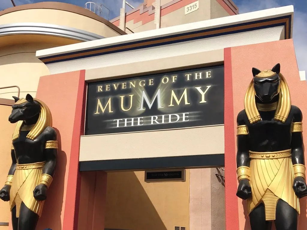 A sign at the entrance to the “Revenge of the Mummy The Ride” at Universal Studios Hollywood.