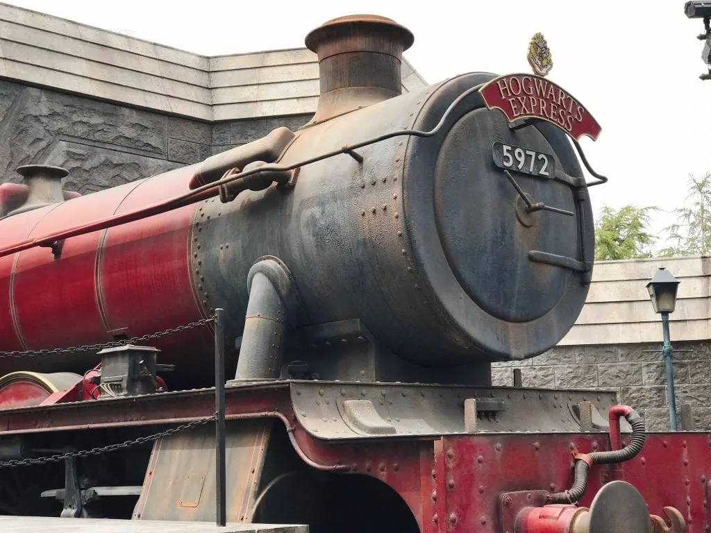 A front view of the Hogwarts Express train at the Wizarding World of Harry Potter at Universal Studios Hollywood.