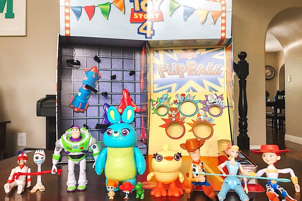 Toys from the movie Toy Story 4 lined up in front of a display