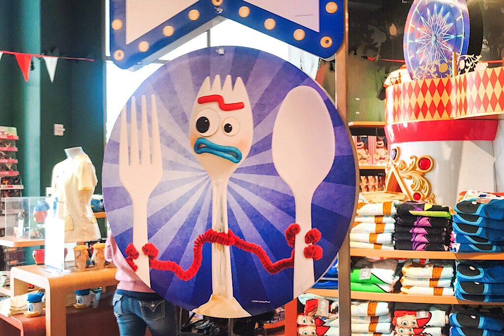 A display with a picture of Forky from the movie Toy Story 4