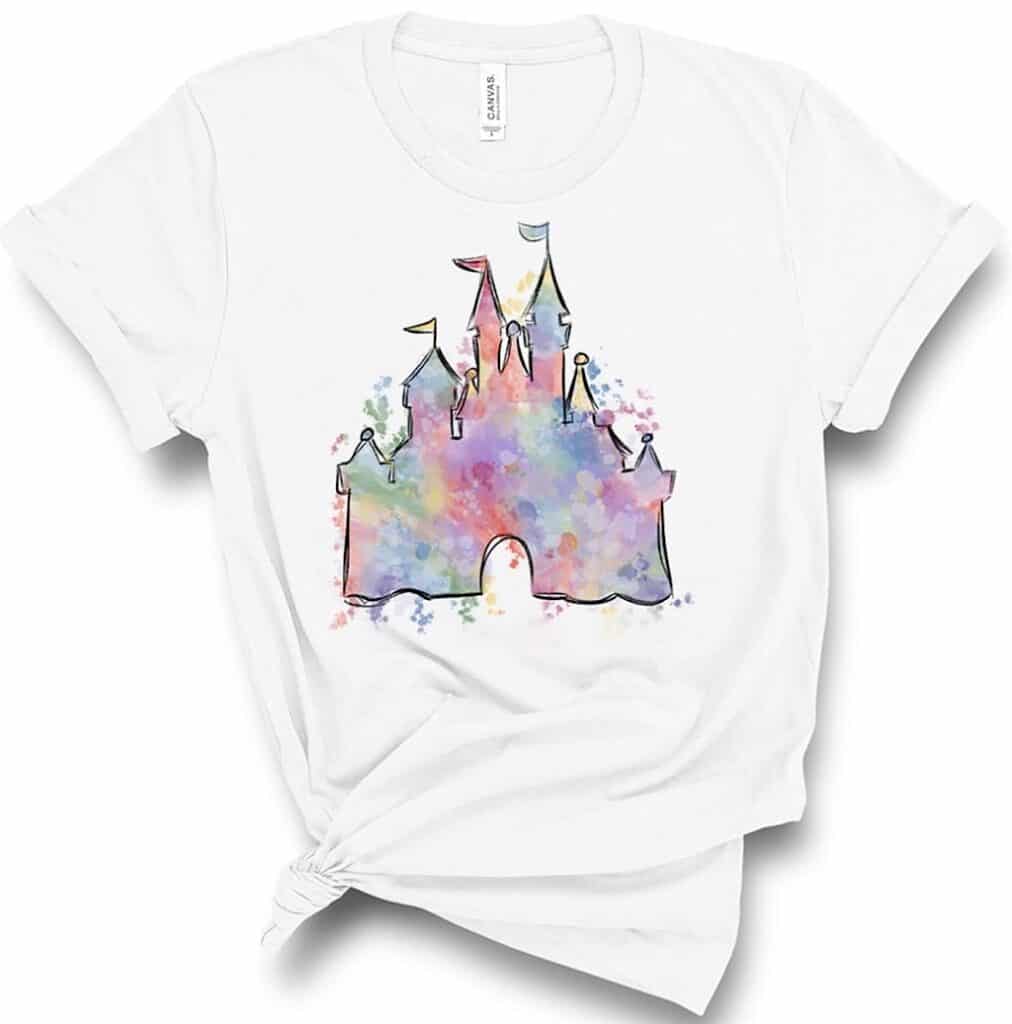 A picture of a colorful Disney World Castle on a t-shirt