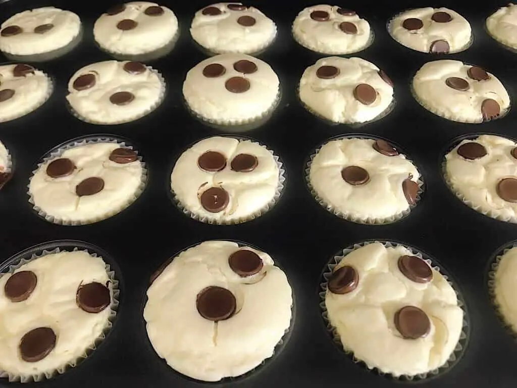 Chocolate chip cheesecake bites baking in a pan.