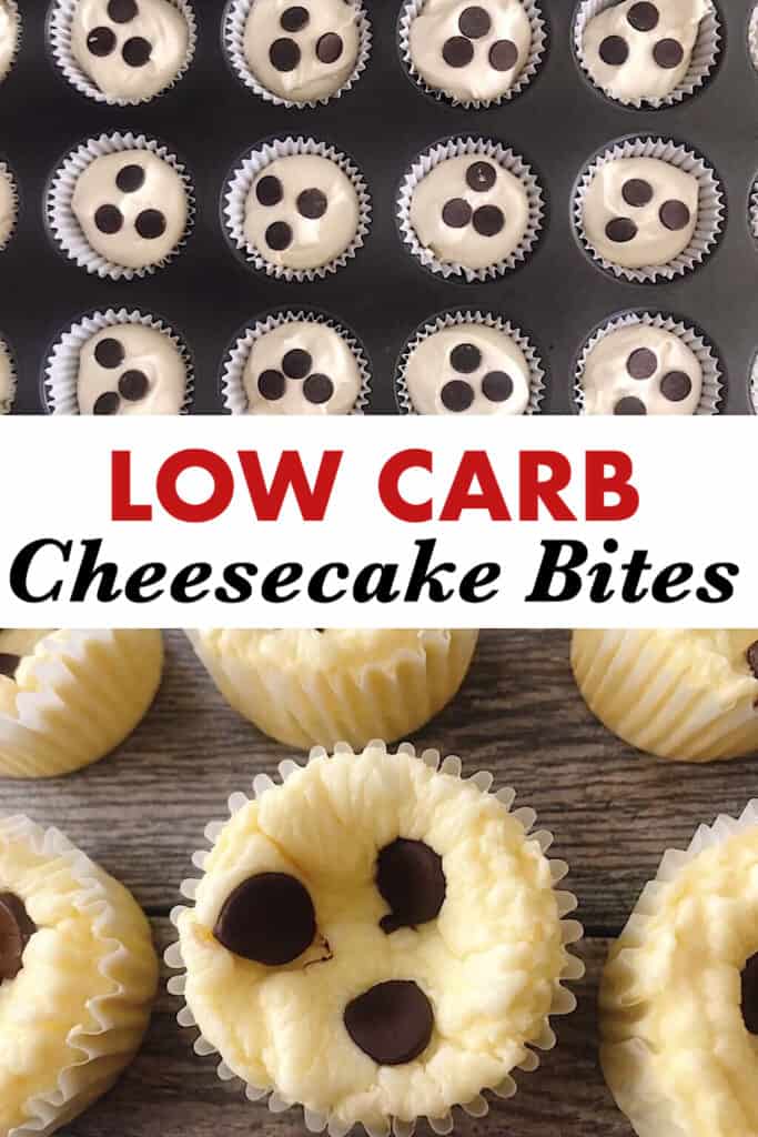 A pan of cheesecake batter in cupcake liners, text “Low Carb Cheesecake Bites” and a close up picture of cheesecake muffins.