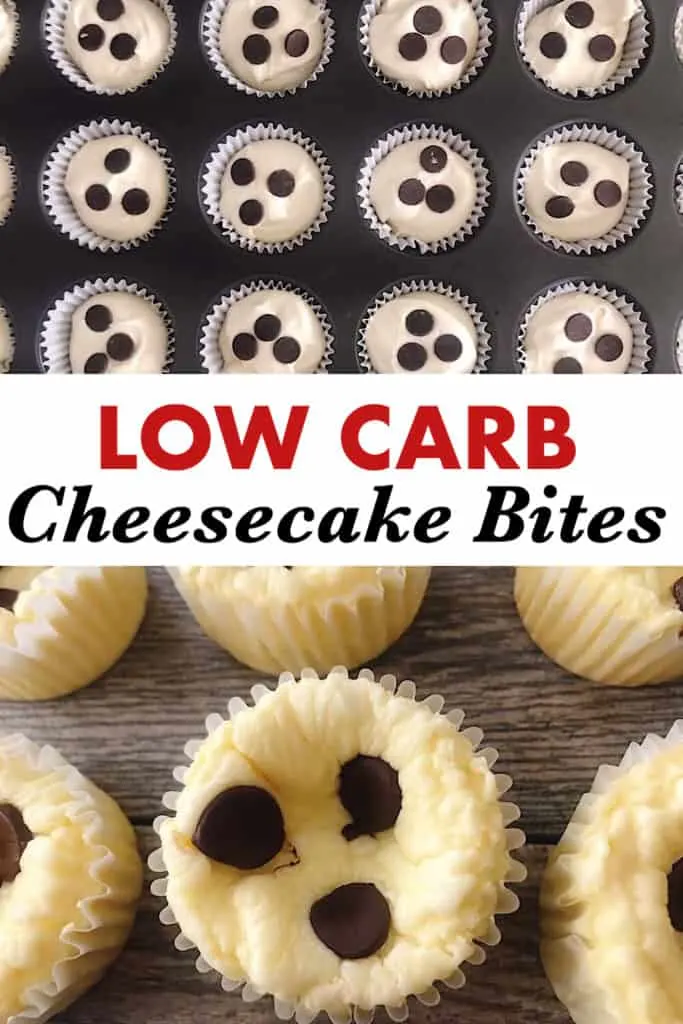 A pan of cheesecake batter in cupcake liners, text “Low Carb Cheesecake Bites” and a close up picture of cheesecake muffins.