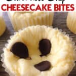 Text, “Low Carb | Keto Cheesecake Bites” over a picture of a cheesecake muffin.