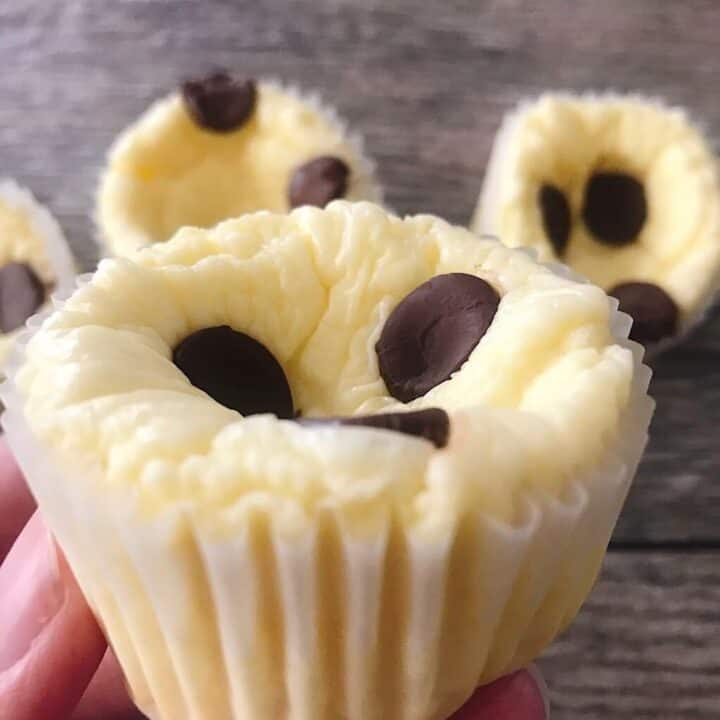 A cheesecake cupcake with chocolate chips/