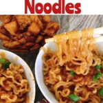 Text “Spicy Thai Noodles” over a picture of chopsticks holding noodles.