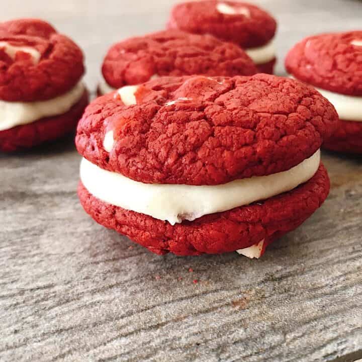 Red Velvet Cake Mix Sandwich cookies with cream cheese filling.