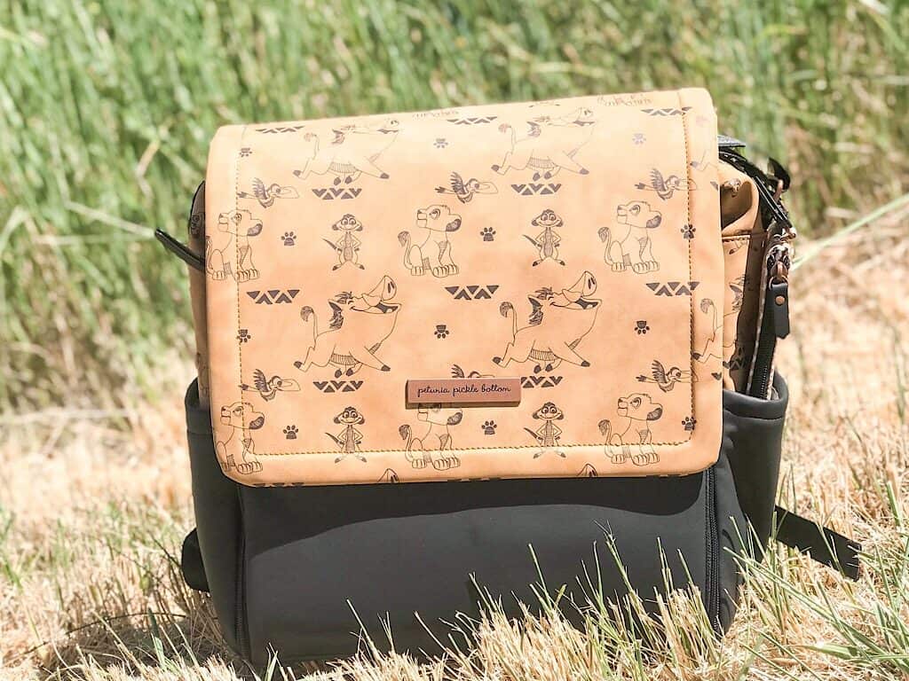 A close up of Petunia Picklebottom’s Boxy Backpack with Disney’s Lion King print.