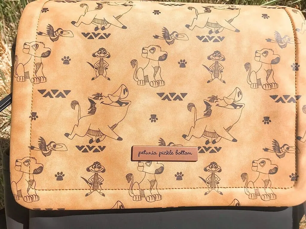 A close up of Petunia Picklebottom’s Boxy Backpack with Disney’s Lion King print.