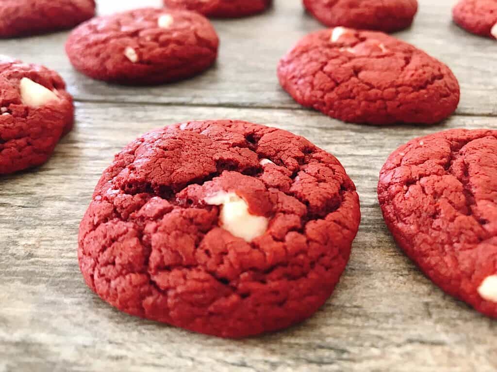 Red Velvet cake mix cookie with white chocolate chips