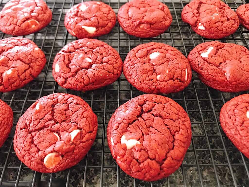 Red Velvet cookies on a cooling rack