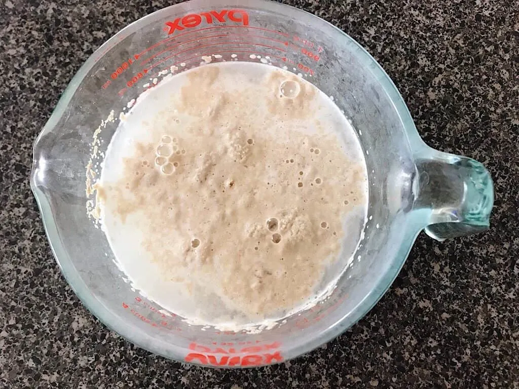 A measuring cup of water and yeast