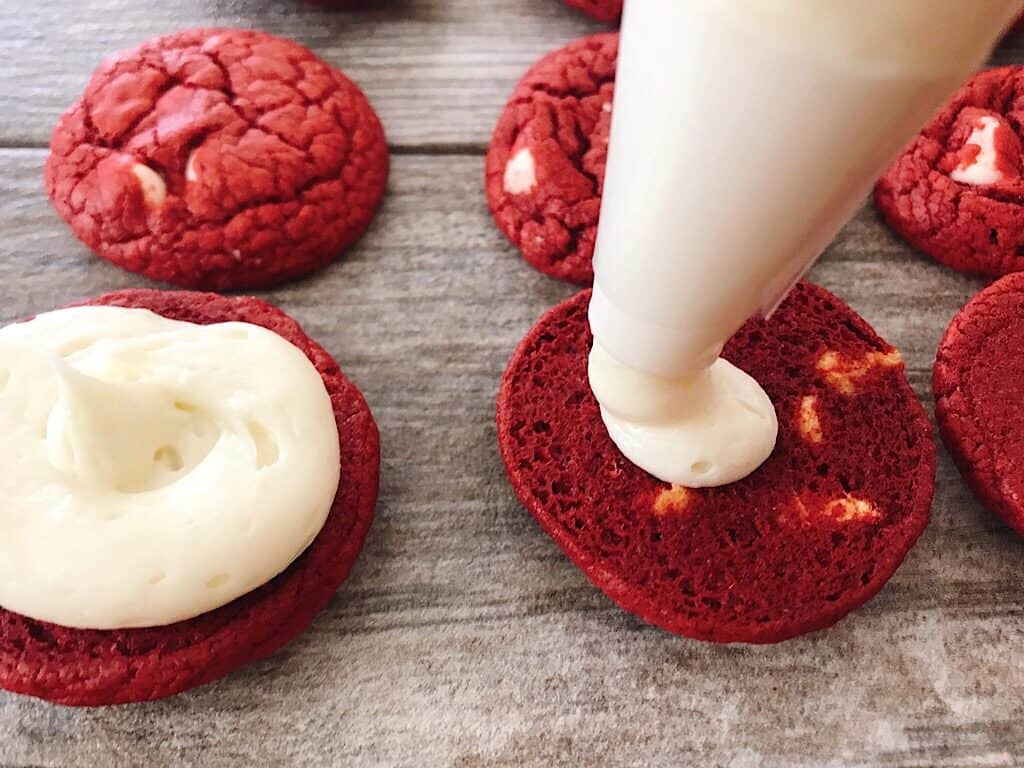 Cream Cheese frosting on red velvet cake mix cookies