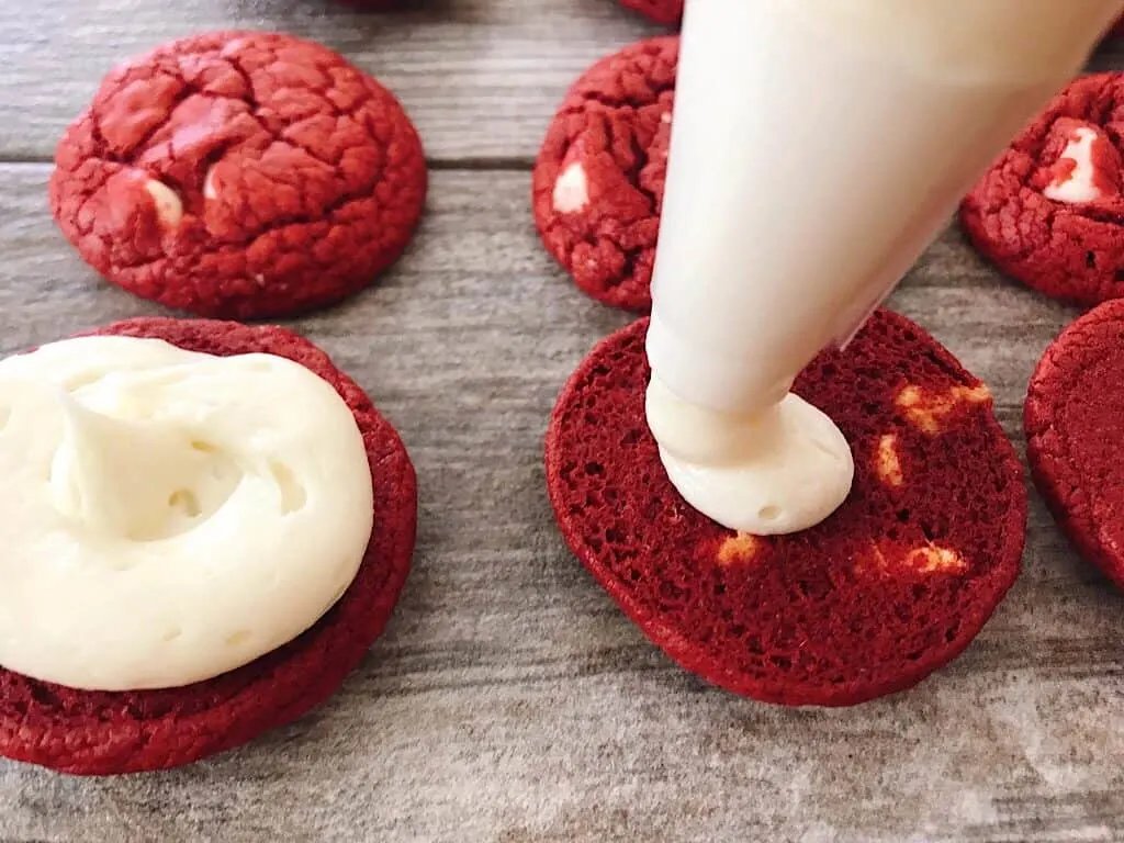 Cream Cheese frosting on red velvet cake mix cookies