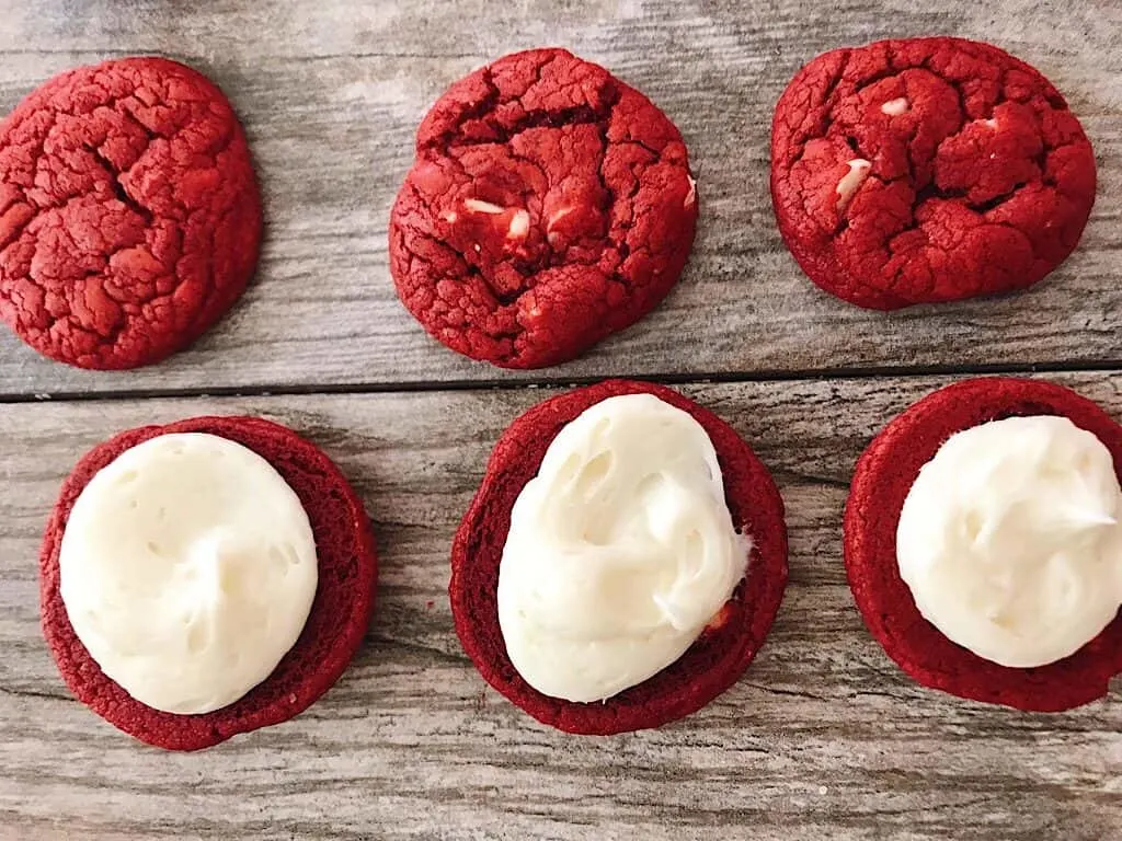 Red Velvet cake mix cookies with cream cheese frosting.