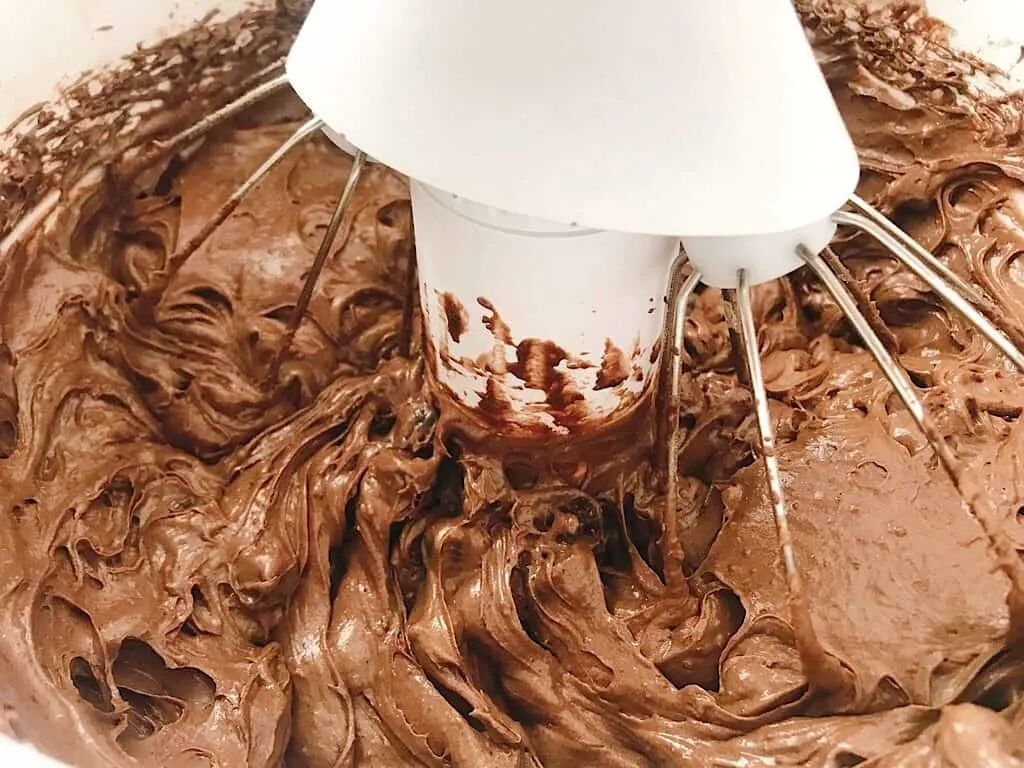 Chocolate cake batter in a stand mixer