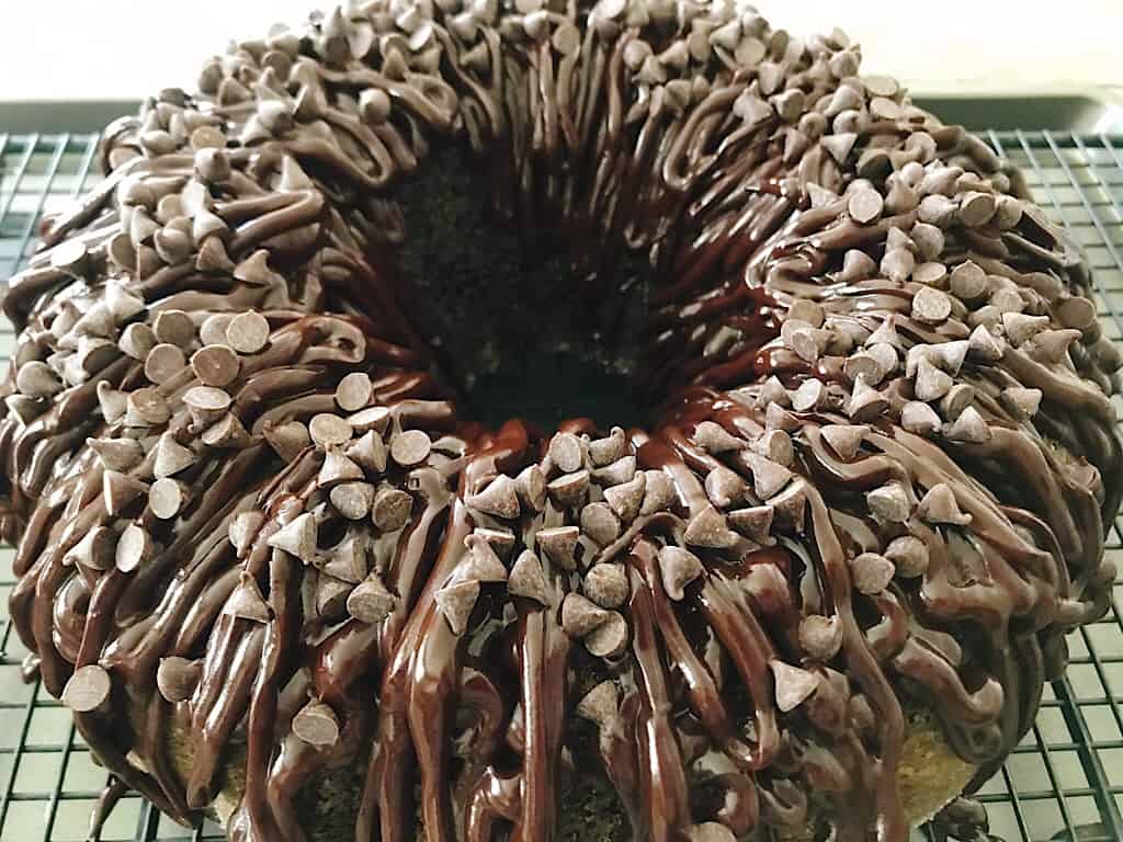 Chocolate bundt cake with chocolate ganache and chocolate chips