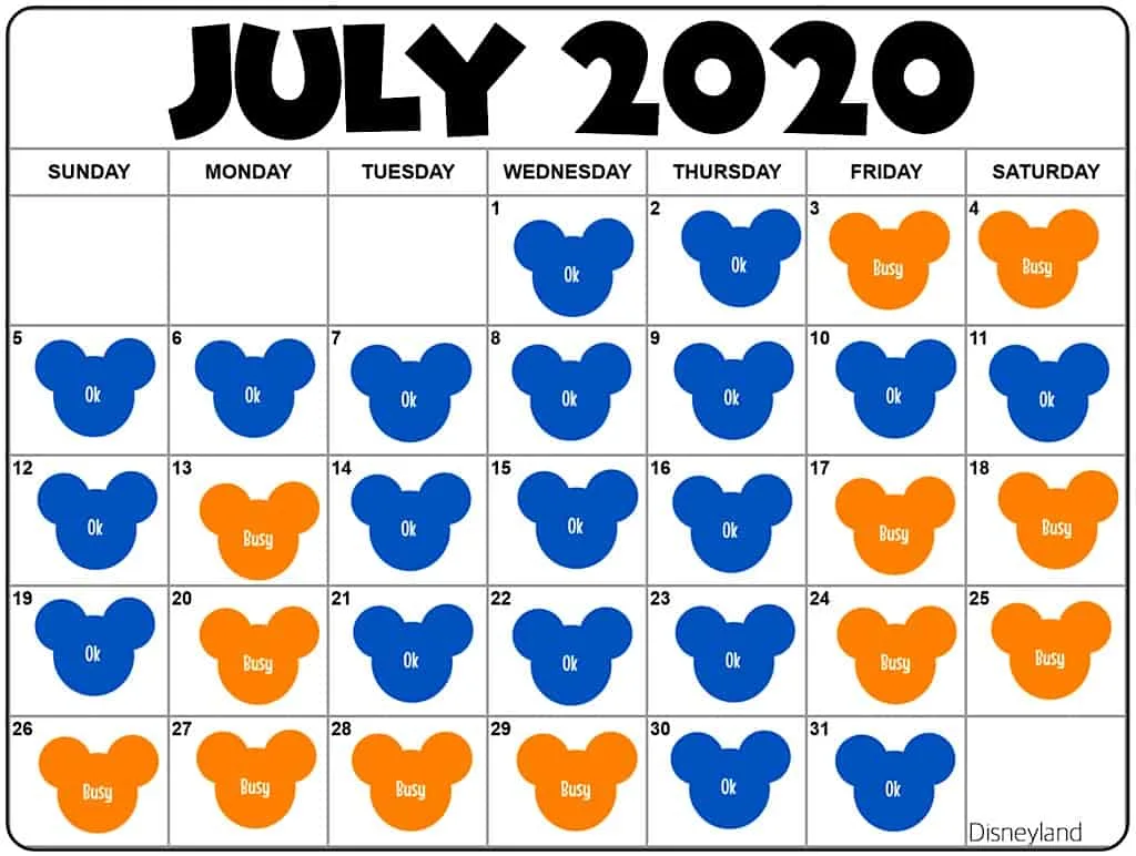 July 2020 Disneyland Crowd Calendar and Attendance Chart