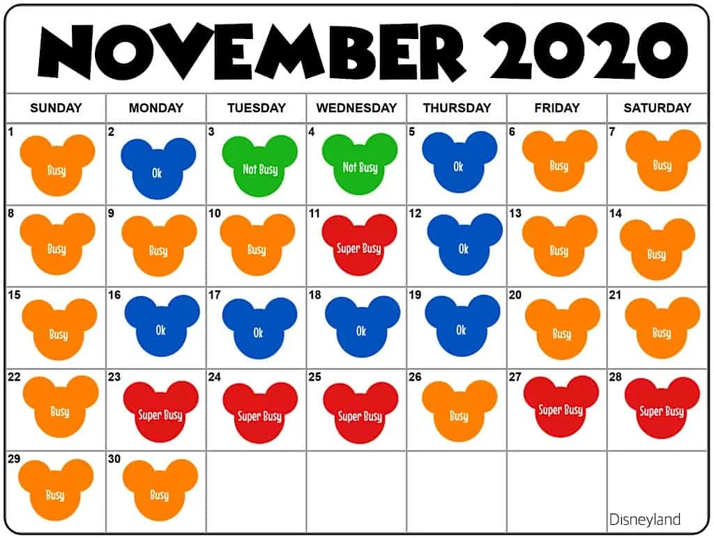 November2020 Disneyland Crowd Calendar and Attendance Chart