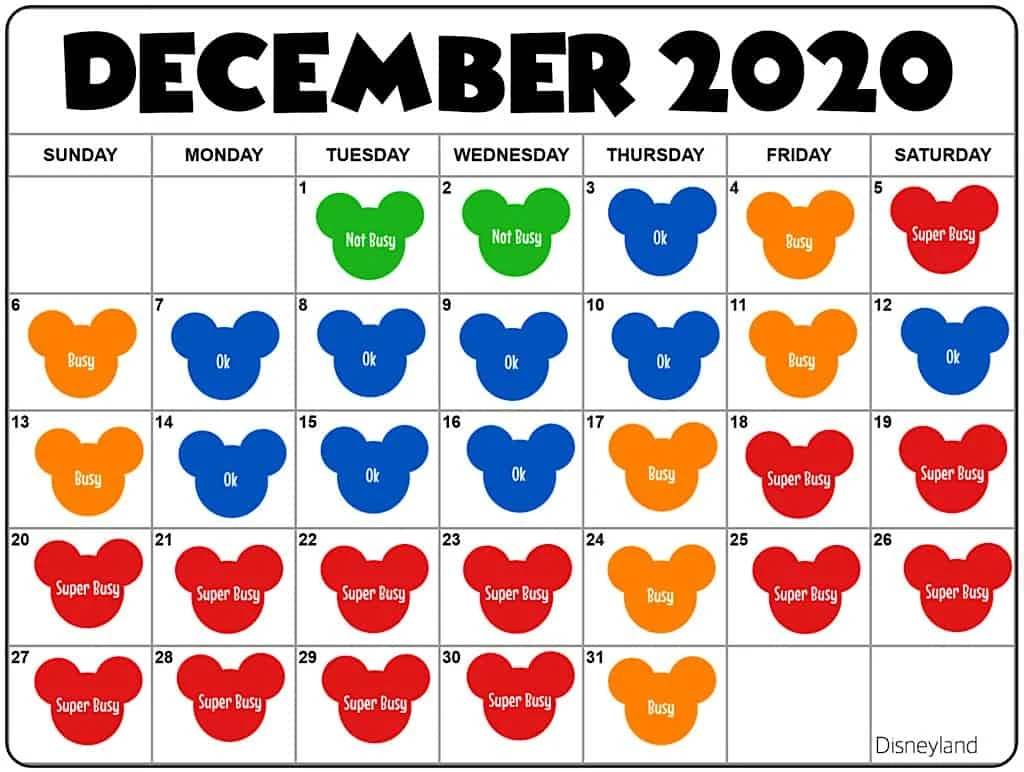 December2020 Disneyland Crowd Calendar and Attendance Chart