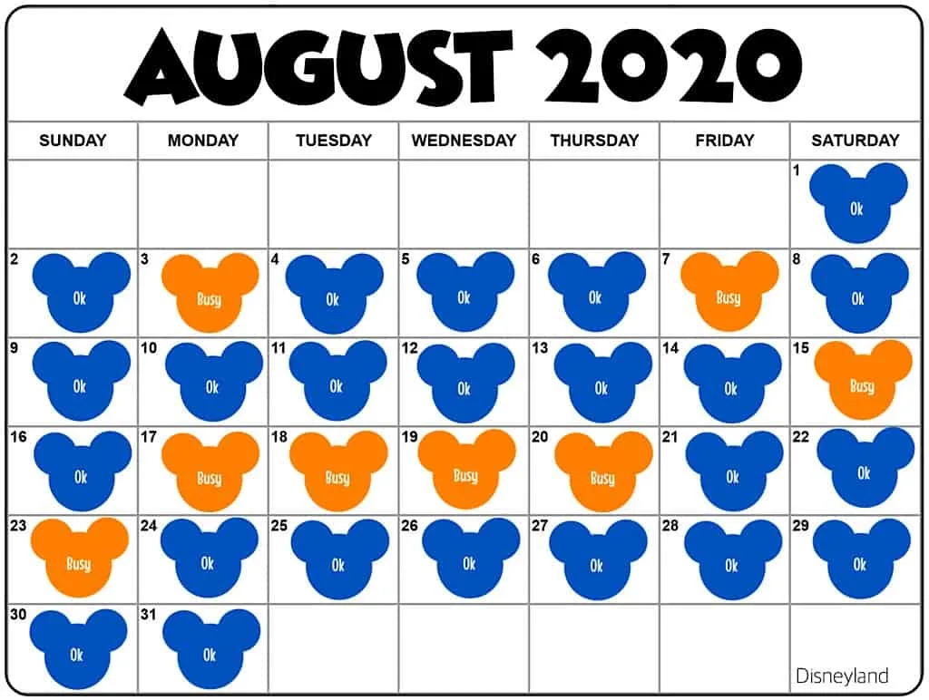 August2020 Disneyland Crowd Calendar and Attendance Chart
