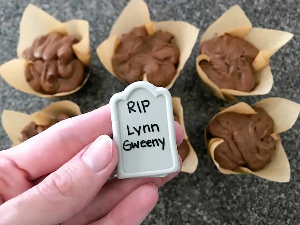 A candy tombstone for Graveyard Cupcakes