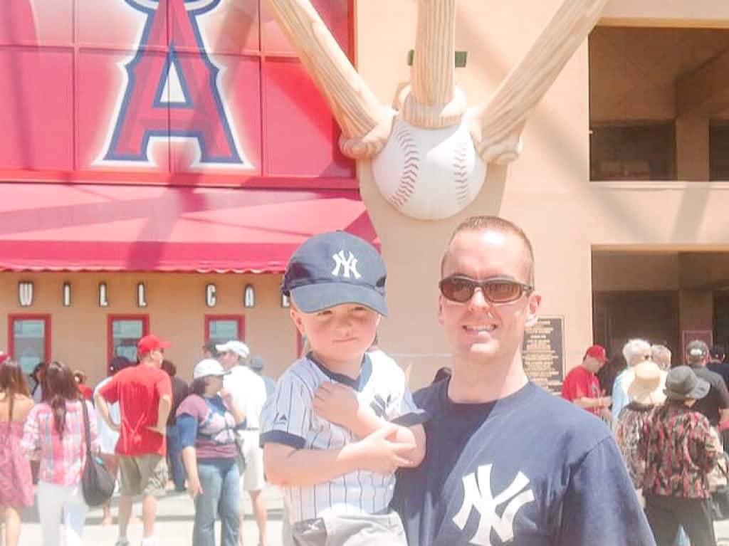 Two New York Yankees Fans in front of Angel Stadium