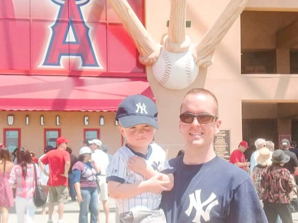 Two New York Yankees Fans in front of Angel Stadium